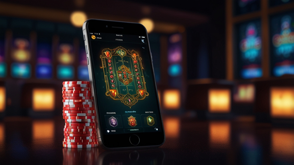 Smartphone mit Download-Symbolen in einer dunklen Casino-Atmosphäre