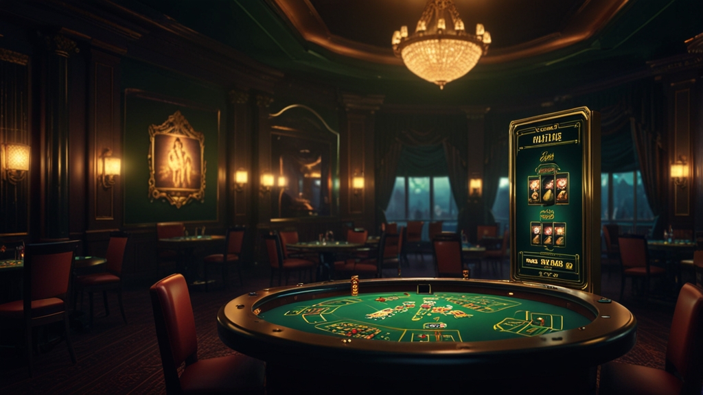 Dunkles Casino mit Bonusanzeigen und Free-Spins-Symbolen auf einem Smartphone