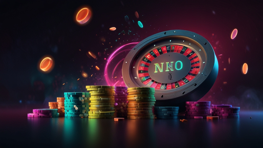 Neon-No-Deposit-Angebot über Slot-Reihen in dunkler Casino-Atmosphäre