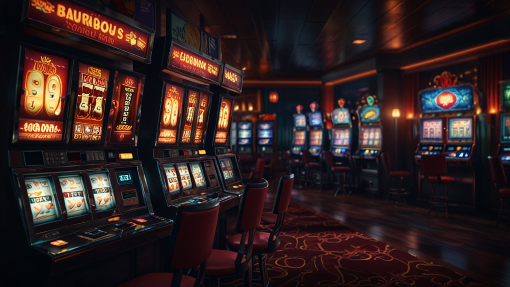 Slotmaschinen mit Bonusregeln, Umsatzanzeige und Auszahlungssymbol in dunkler Casino-Umgebung